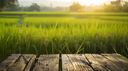 Fotobehang A wooden table is prominently displayed in the foreground with a lush rice field in the background. The natural landscape features water, vegetation, sunlight, and people enjoying nature © Oleksandra