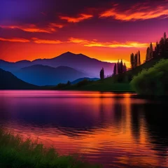 Foto op Plexiglas Tranquil Mountain Lake Sunset © Deepak