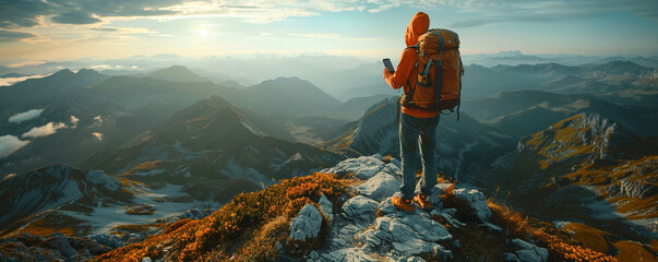 Traveler standing on a mountain top with a backpack and a smartphone. Enjoying the adventure and convenience of AR technology. - obrazy, fototapety, plakaty