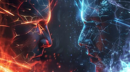 A shot of two players facing each other their holographic interfaces seamlessly merging as they engage in a fierce battle. The competition is fierce and only the most skilled