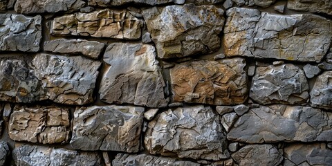Stone wall texture with varied shapes and sizes of stones, suitable for backgrounds or patterns.