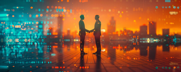 Fototapeta na wymiar Two businessmen shaking hands in front of a blockchain background.