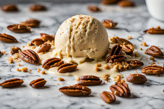 A Close-Up View of Buttered Pecan Ice Cream Melting on a Marble Surface with Pecan Crumbs Scattered