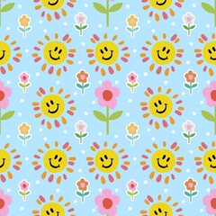 Cartoon pattern fresh flower background sun summer fashion theme colorful vintage beautiful seamless hand drawn