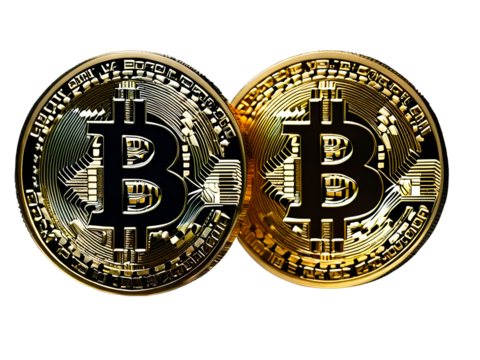  Bitcoin coin. Crypto currency golden coin bitcoin symbol isolated on transparent background