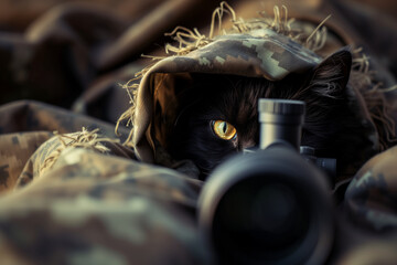 Sniper cat in camouflage - obrazy, fototapety, plakaty
