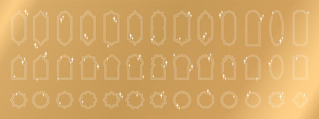 Set of vector boho frames on golden background. Lineart arches, islamic windows, stars and twinkles. Abstract minimal Bohemian celestial figures. Ramadan Kareem design elements on gold. Line arches - 752005169