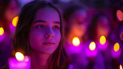 A young woman illuminated by the gentle glow of candlelight during a twilight vigil on Purple Day for epilepsy awareness. 