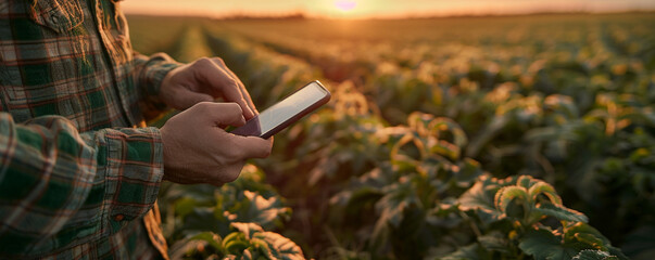 A farmer holding a smartphone in a field, using an app to monitor crop health and weather conditions.