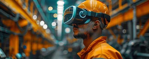 Fotobehang A factory worker wearing augmented reality glasses, receiving real-time instructions on how to operate machinery. © IBRAHEEM'S AI