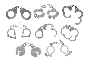 Set of broken handcuffs set collection, breaking chains cartoon, breaking chain shackle handcuffs revolution propaganda poster, freedom concept,broken wristbands with chain shards, vector illustration