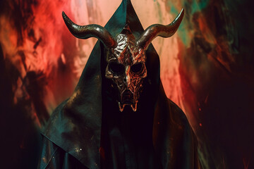 Culture and religion, fantasy concept. Baphomet devil creature with big horns surreal and abstract horror portrait illustration. Fine art style