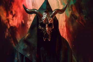 Fotobehang Culture and religion, fantasy concept. Baphomet devil creature with big horns surreal and abstract horror portrait illustration. Fine art style © Rytis