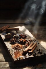 Various spices and herbs on low key rustic wooden countertop background.