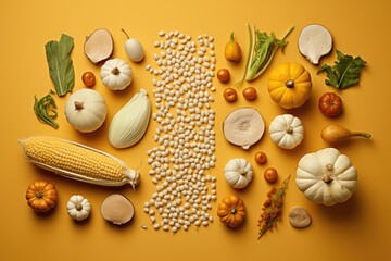 Various type of pumpkin, melon and seed on orange colour background