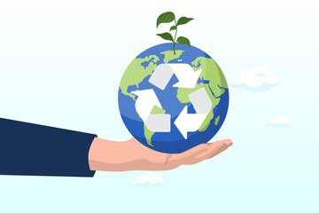 Hand holding sustainable green world with recycle symbol, sustainability, ecology or renewable energy to save the world from climate change or global warming, environmental safe or recycle (Vector)