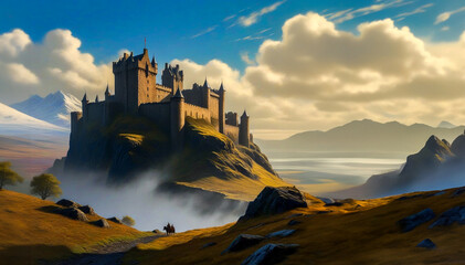 Fototapeta premium The knight advancing towards the medieval castle built on the hill. A magnificent view of a medieval castle