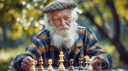 Elderly man concentrating on a chess game. - obrazy, fototapety, plakaty