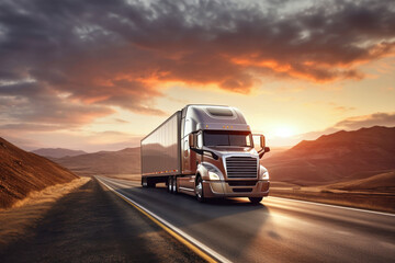 semi-trailer on the highway, highway. sunrise or sunset. The vehicle carries out international cargo transportation. Deserted highway with a truck. - obrazy, fototapety, plakaty