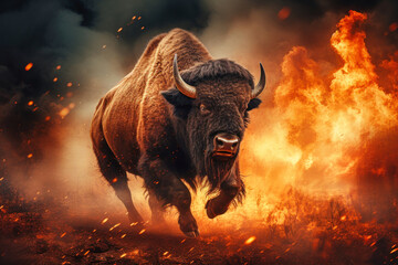 A bison galloping through a blazing field, fleeing from a forest fire. The scene captures the urgent movement of the animal amidst the fiery backdrop
