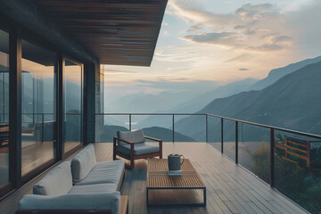 The resort's balcony design is high on the mountain and offers a beautiful mountain view. Ai generate.