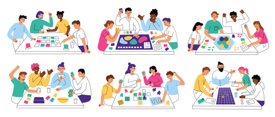 People playing table games, collection of compositions with cartoon characters, board games scenes, vector illustrations of adults sitting together at table and having fun, leisure activity at home