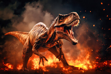A terrible dinosaur Tyrannosaurus T-rex with an open huge mouth against a background of fire and...