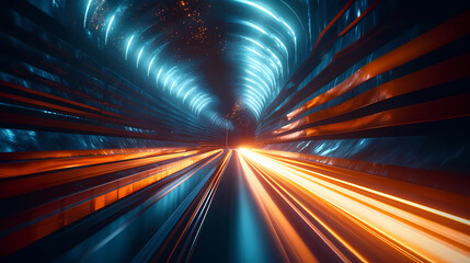 Fototapeta premium Tunnel traffic at night, highway lights on the road
