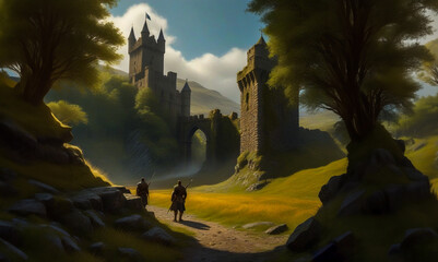 The knight advancing towards the medieval castle built on the hill. A magnificent view of a medieval castle