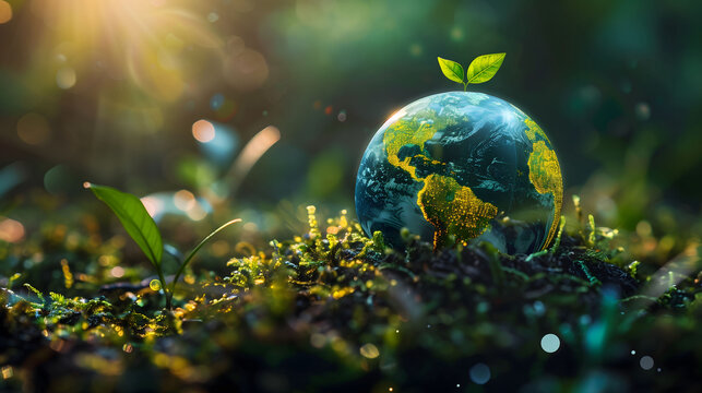 Eath day concept with verdant earth and moss covered world in a forest 