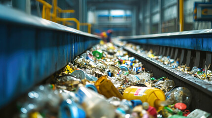 Conveyor Belt Full of Trash and Plastic Bottles at Garbage Processing Plant