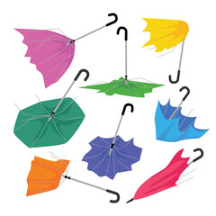 Set of broken umbrella set collection, colorful torn umbrella fabric cartoon, accident causing problem or failure, depressed and anxiety concept, Umbrella after a strong wind, protruding needles. © Yumagema
