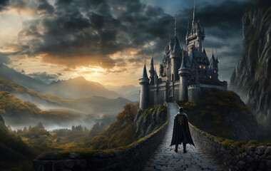 The knight standing in front of the abandoned castle and a marvelous view - obrazy, fototapety, plakaty
