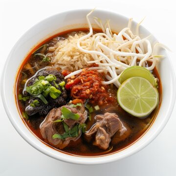 Rawon: A traditional Javanese beef soup flavored with a rich and dark broth made from keluak (black nut), commonly served with rice and garnished with bean sprouts, lime, and sambal. photo on white is