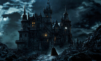 The knight standing in front of the abandoned castle in the dark night.	
