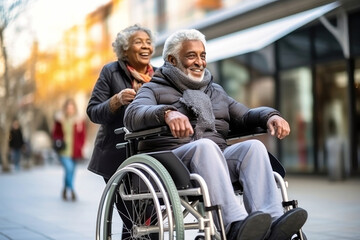 Fototapeta na wymiar Man in Wheelchair and Woman Walking Down Street