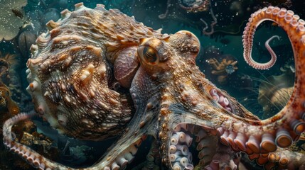 The ocean floor is a chaotic scene of swirling currents and bubbling vents with massive crustaceans and strange bloblike creatures scurrying about. A giant octopuslike beast - obrazy, fototapety, plakaty