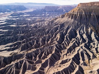 Drone picture of  earth mountain erosion. Factory Butte mesa near Hanksville. Utah. USA