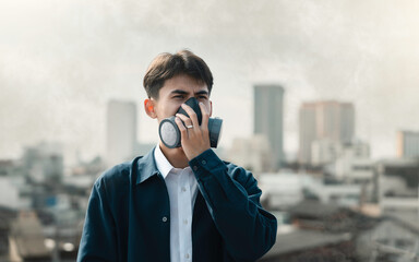 air pollution quality of dust PM 2.5 is toxic and dangerous to health. Business man wearing...