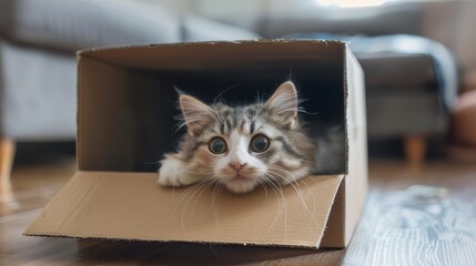 A cute cat sits in a cardboard box on the floor at home. Looks cute and warm