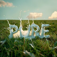 The word 'PURE' spelled in dynamic milk splashes on grass, symbolizing organic dairy products and natural purity