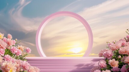 Fototapeta na wymiar Rose-adorned pink arch podium against a sunset backdrop, creating a perfect scene for romantic product presentations or wedding promotions