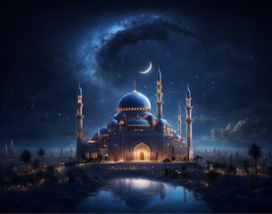 The Beauty of the Blue Mosque by the River with the Moon and Stars in the Background - obrazy, fototapety, plakaty