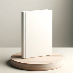 Hardcover Book Mockup on a Round Wooden Pedestal, Perfect for Displaying Cover Designs in a Softly Lit Environment, Showcasing the Harmony of Natural Materials and Modern Simplicity