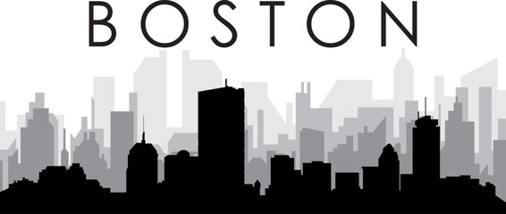 Black cityscape skyline panorama with gray misty city buildings background of the BOSTON, UNITED STATES OF AMERICA