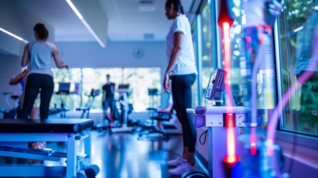 Dynamic rehabilitation session featuring individuals with diverse needs in a specialized therapy center