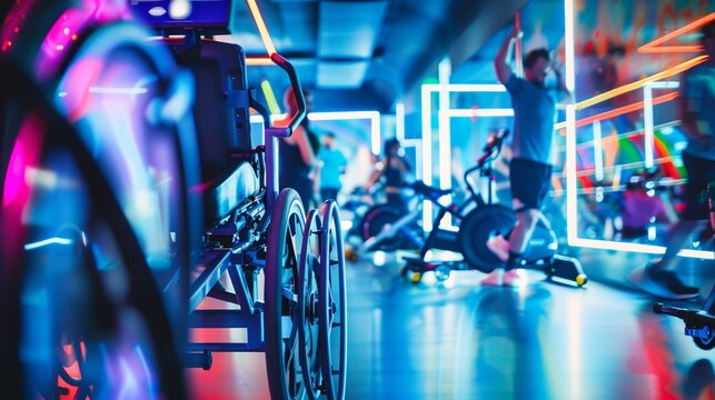 Engaged wheelchair users in an interactive gym environment with AI personal training assistance