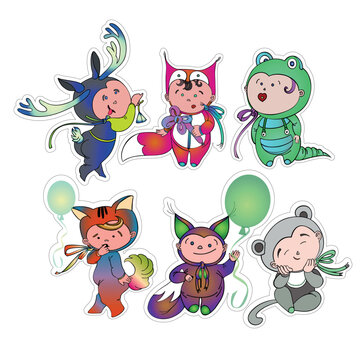 Stickers featuring funny children's animal costumes for masquerade. Flat design vector illustration.