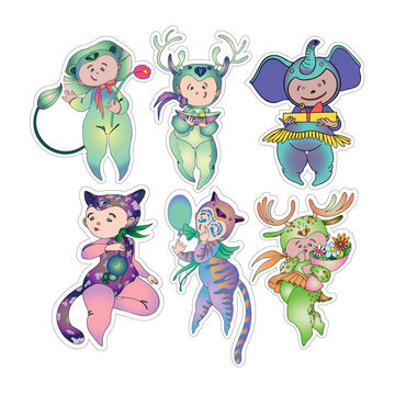 Stickers featuring funny children's animal costumes for masquerade. Flat design vector illustration.