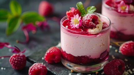 A delightful dessert featuring raspberries, cheesecake, and mousse, elegantly presented in a glass.